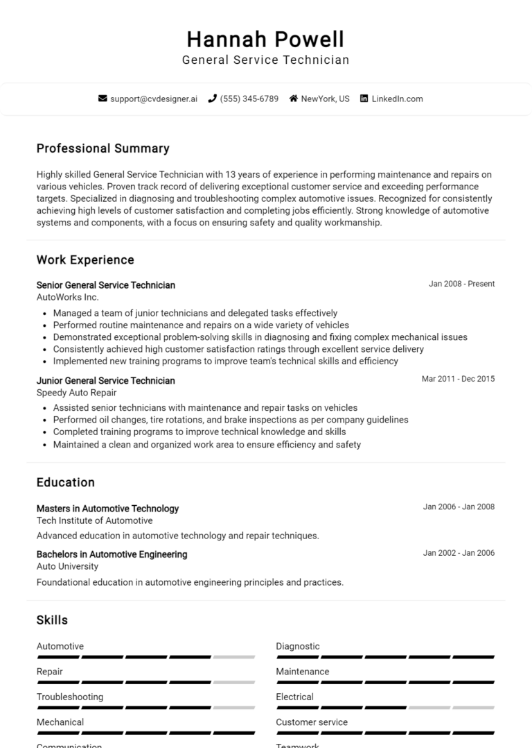 16 General Service Technician Resume Examples for 2025: Tips & Templates