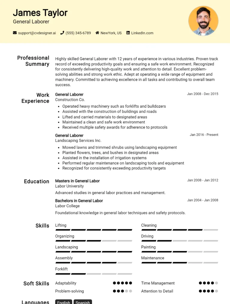 General Laborer CV Example For 2025: Tips & Templates