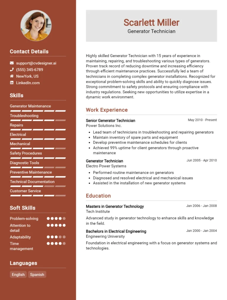 Generator Technician CV Example For 2025: Top Tips & Samples