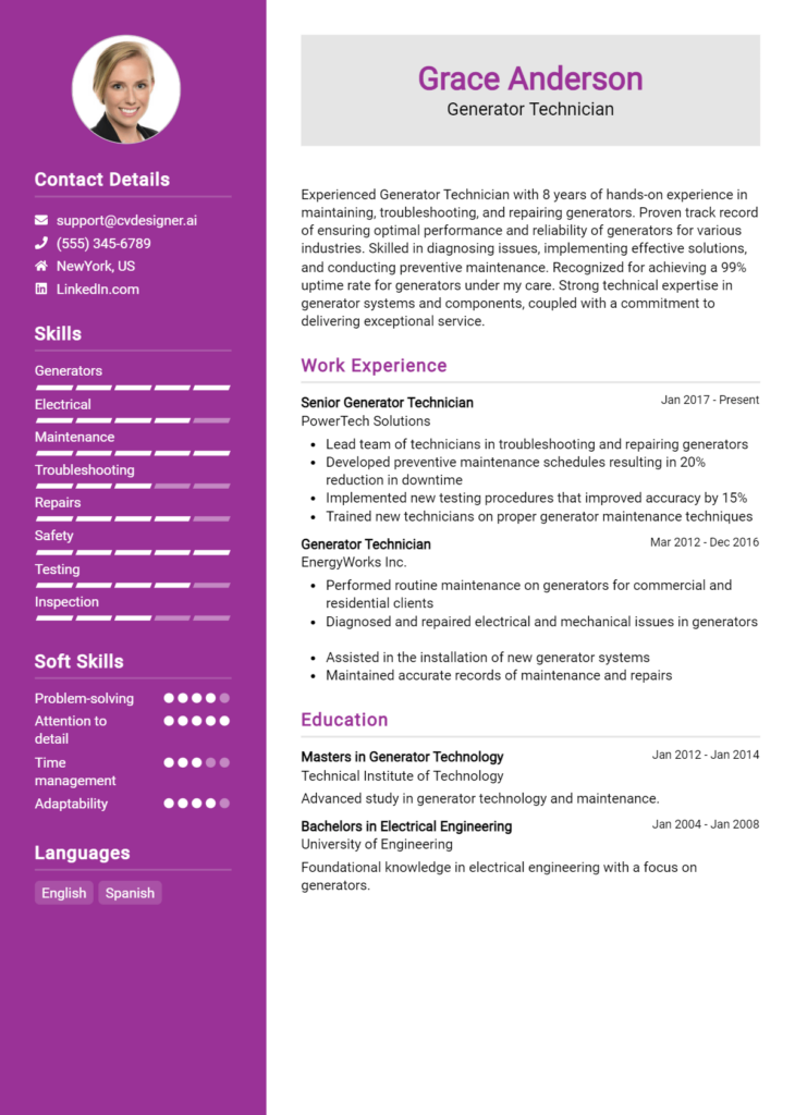 Generator Technician Resume Example