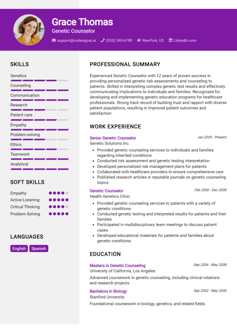 Genetic Counselor Resume Example for 2025: Free Professional Templates