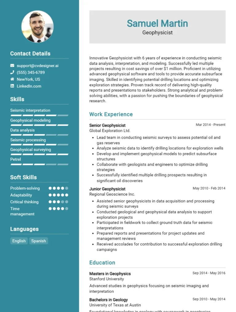 Geophysicist CV Example For 2025: Free Professional Templates