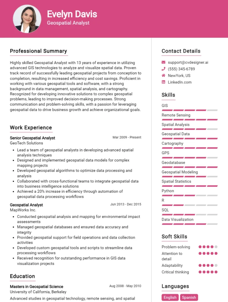 Geospatial Analyst CV Example For 2025: Top Tips & Samples