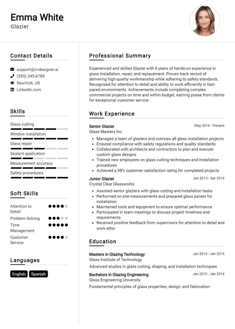 Glazier Resume Example for 2025: Tips & Templates