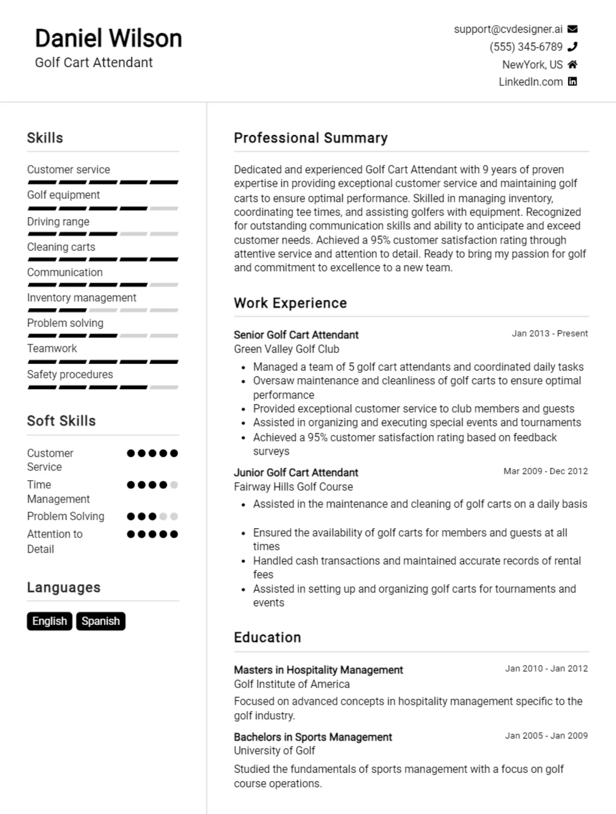 Golf Cart Attendant CV Example