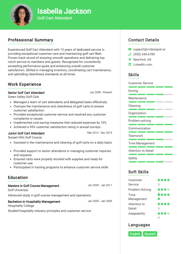 Golf Cart Attendant Resume Example for 2025: Tips to Stand Out