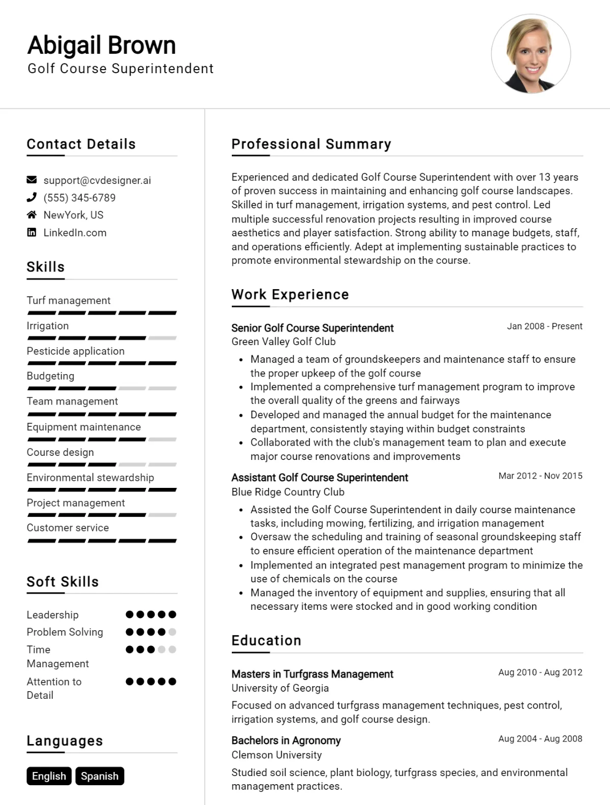 Golf Course Superintendent CV Example