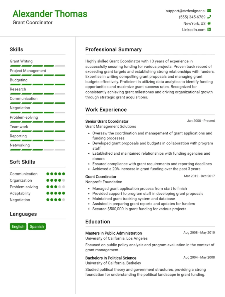 Grant Coordinator CV Example For 2025: Professional CV Templates