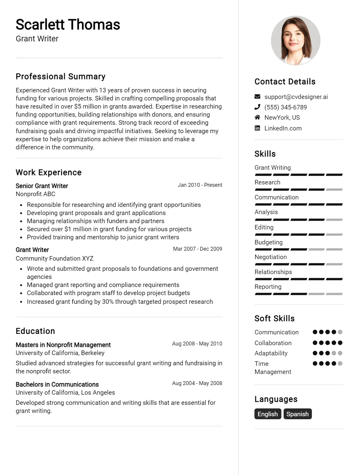 Grant Writer CV Example