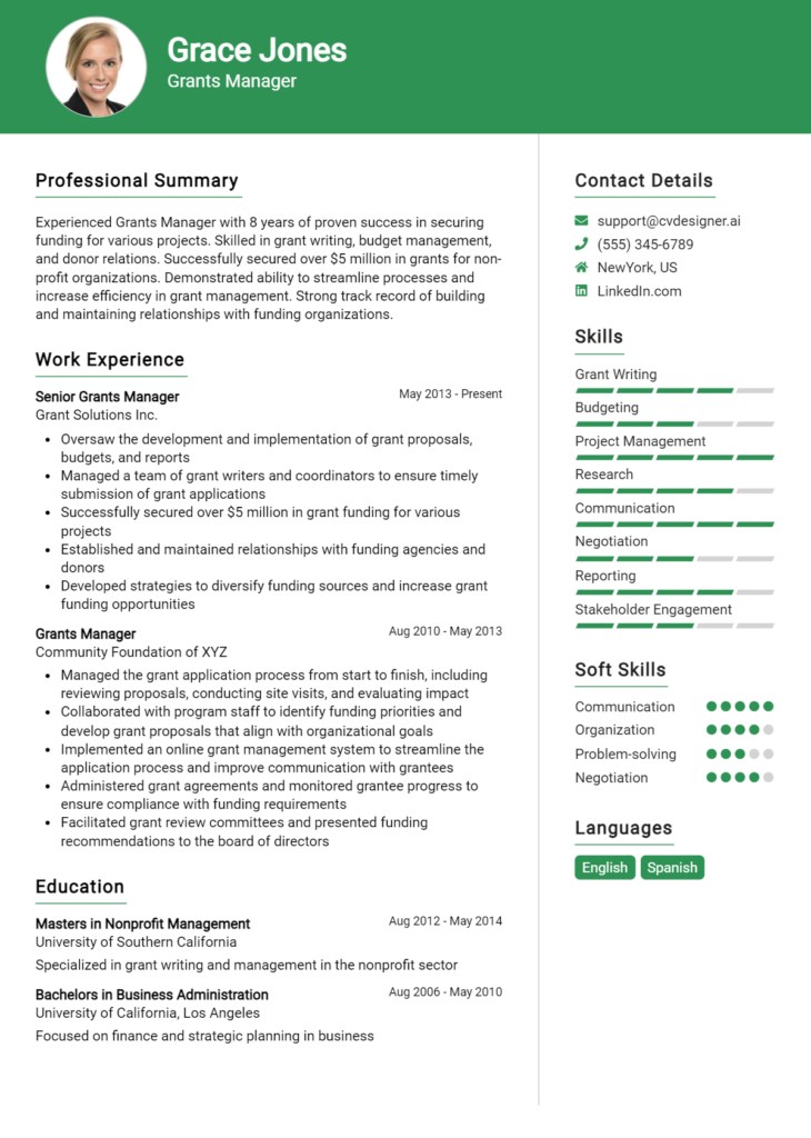 Grants Manager Resume Example for 2024: Ultimate Guide - CVDesigner.ai