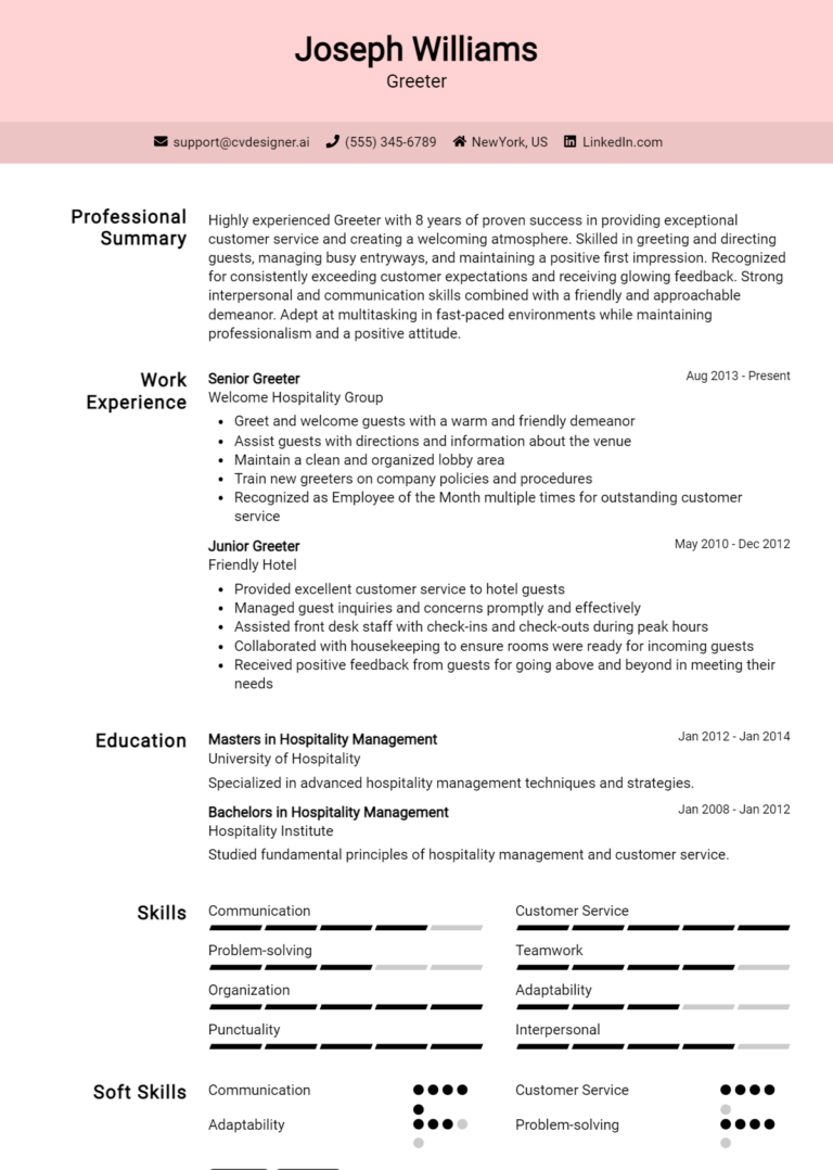 Greeter Resume Example for 2025: Professional CV Templates