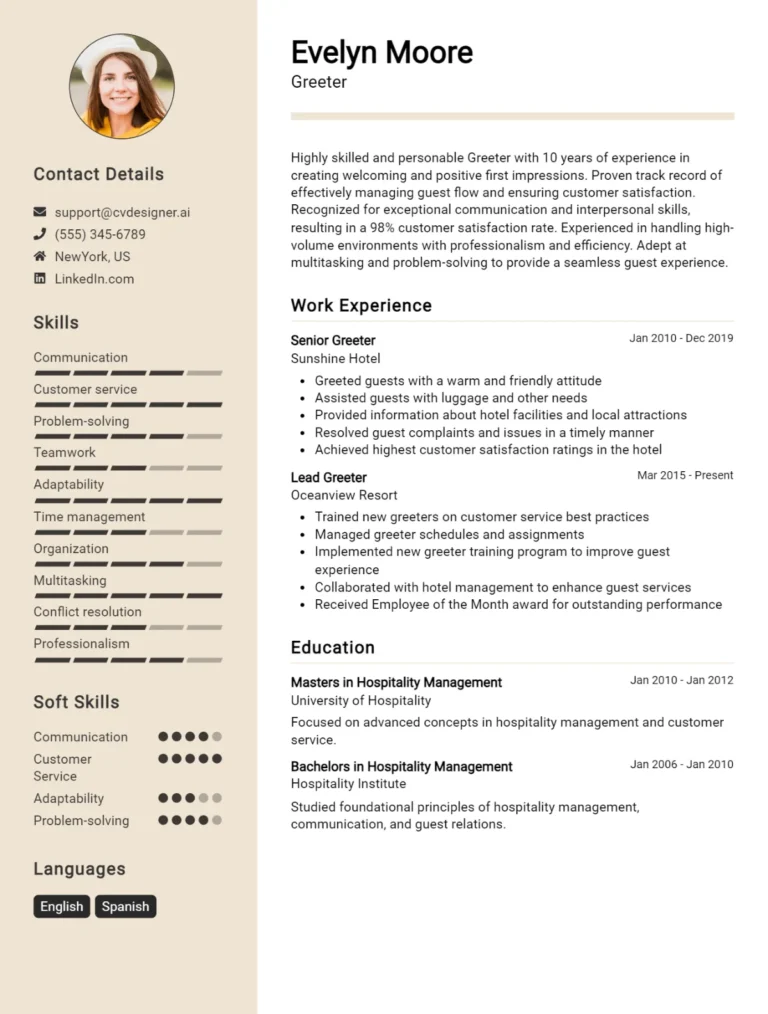 Greeter CV Example For 2025: Best Writing Guide