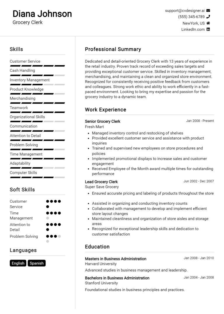 Grocery Clerk Resume Example for 2025: Samples & Best Practices