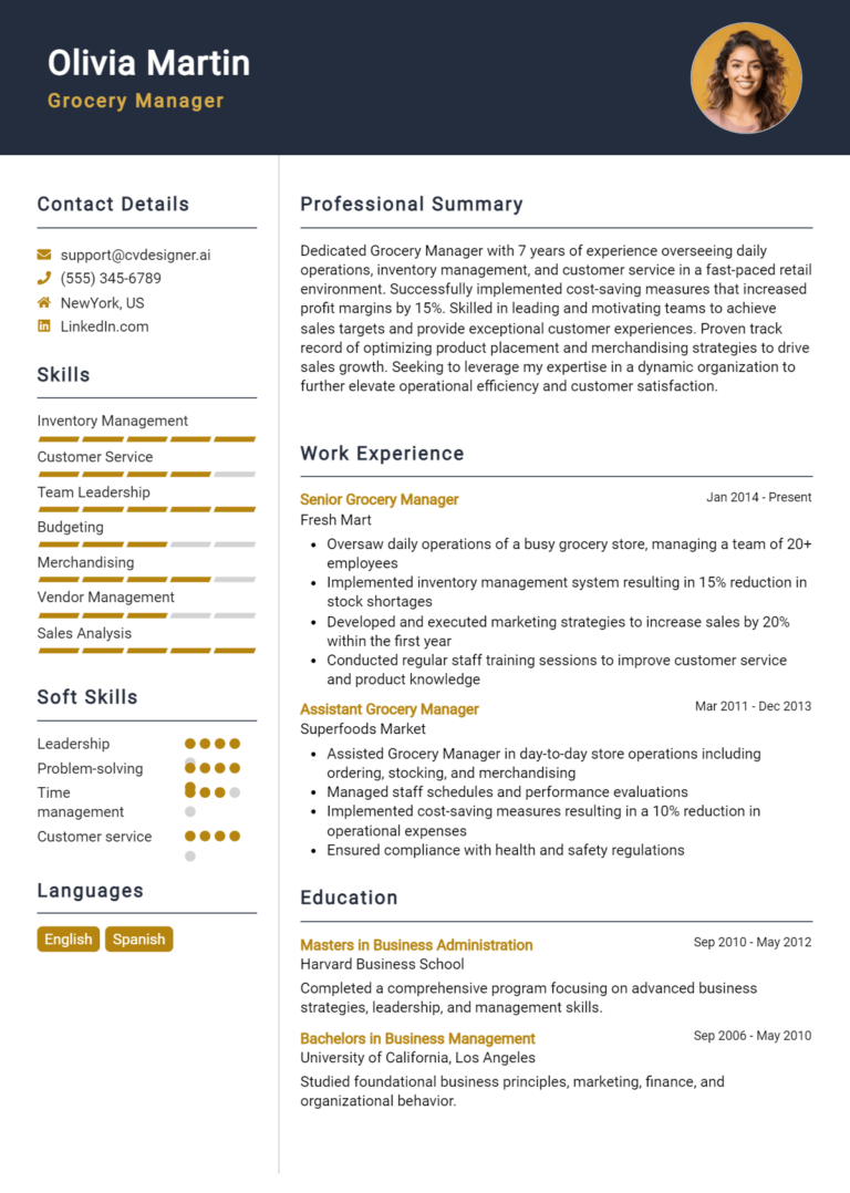Grocery Manager Resume Example for 2025: Best Tips & Templates