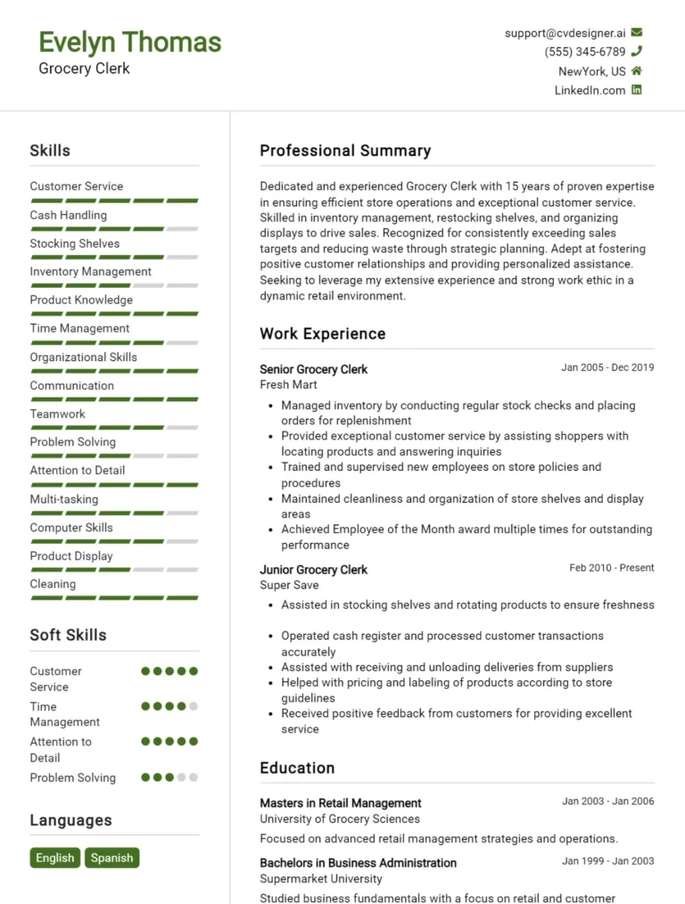 Grocery Clerk CV Example For 2025: Tips to Stand Out