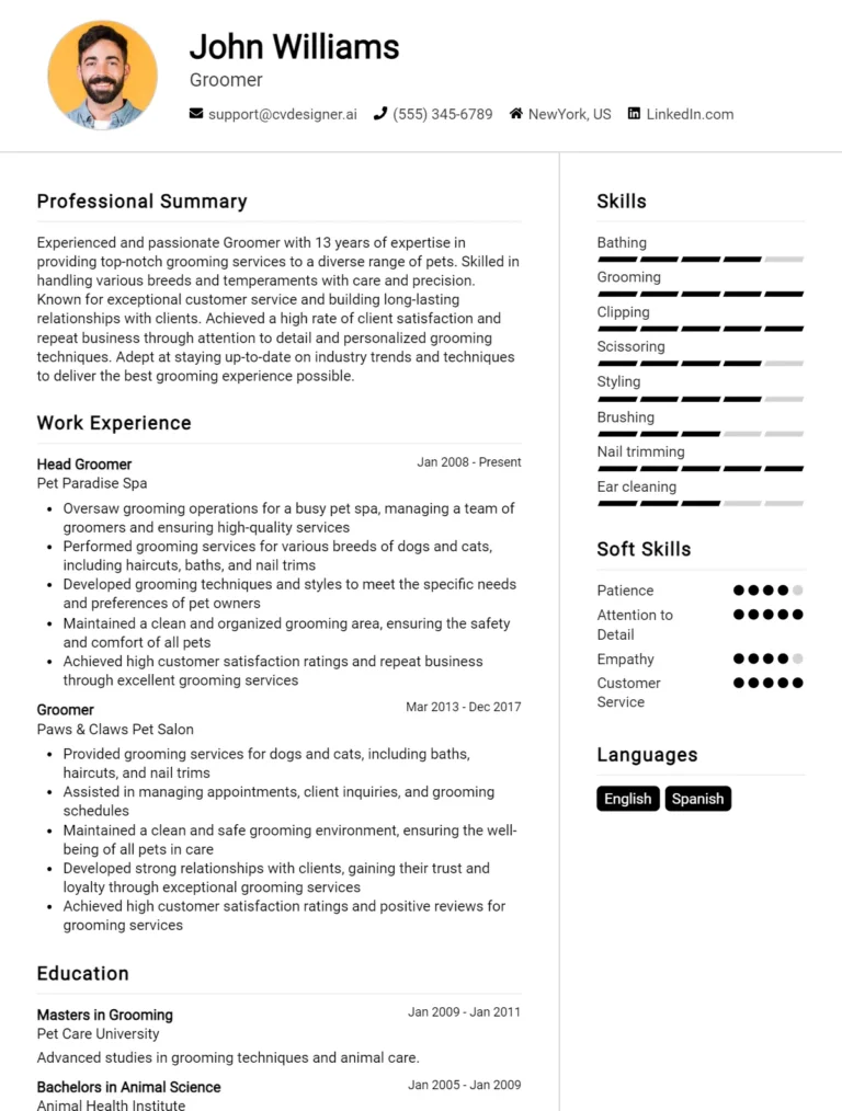 Groomer CV Example For 2025: Expert Tips & Templates