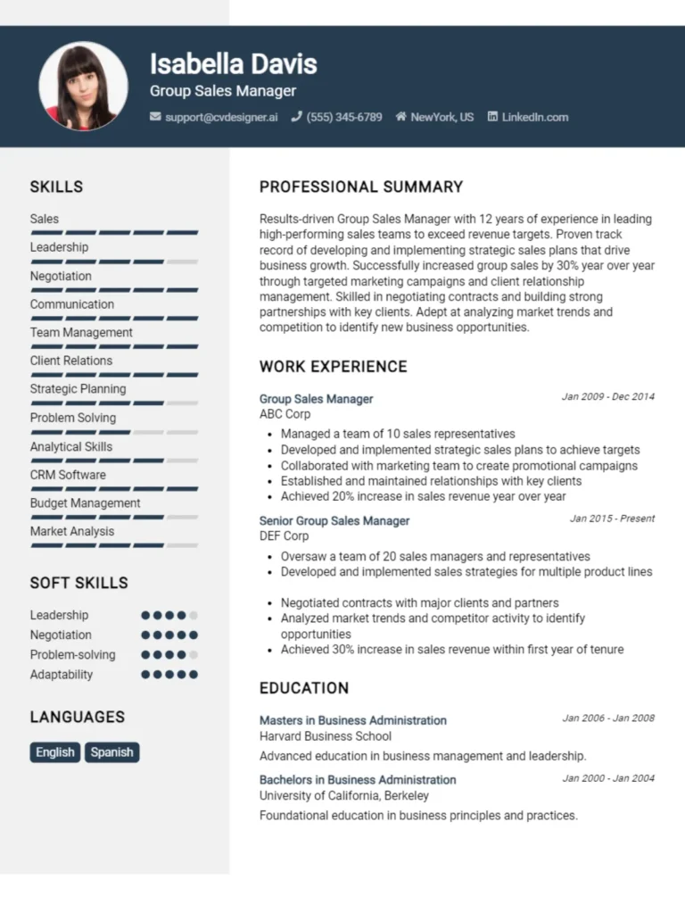 12 Group Sales Manager CV Examples And Templates For 2025