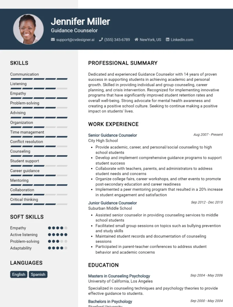 Guidance Counselor CV Example For 2025: Free Professional Templates