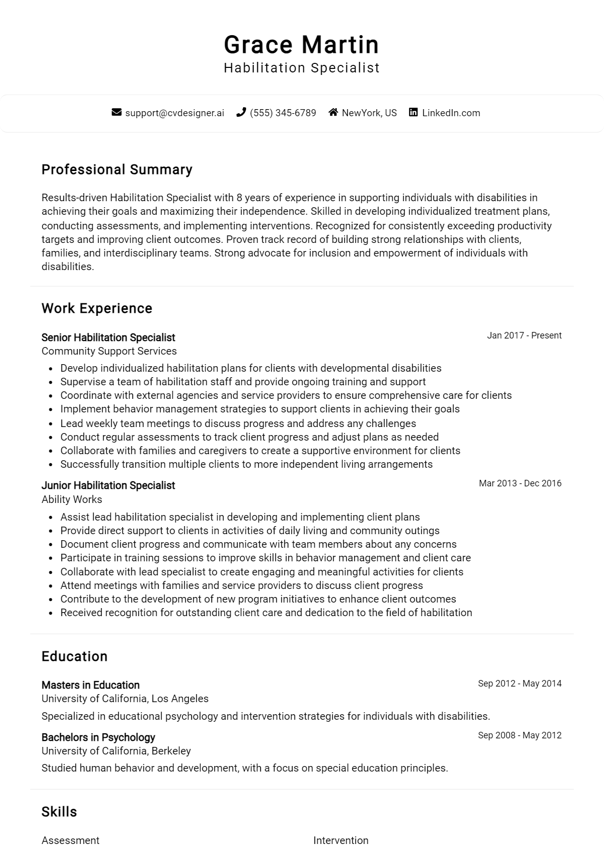 Habilitation Specialist Resume Example