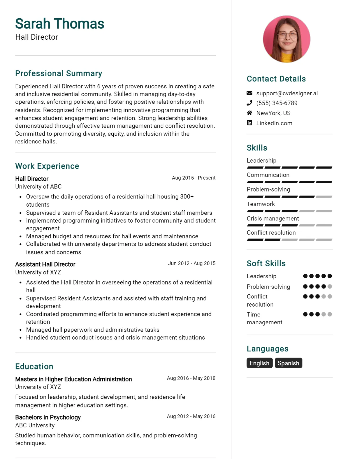 Hall Director CV Example