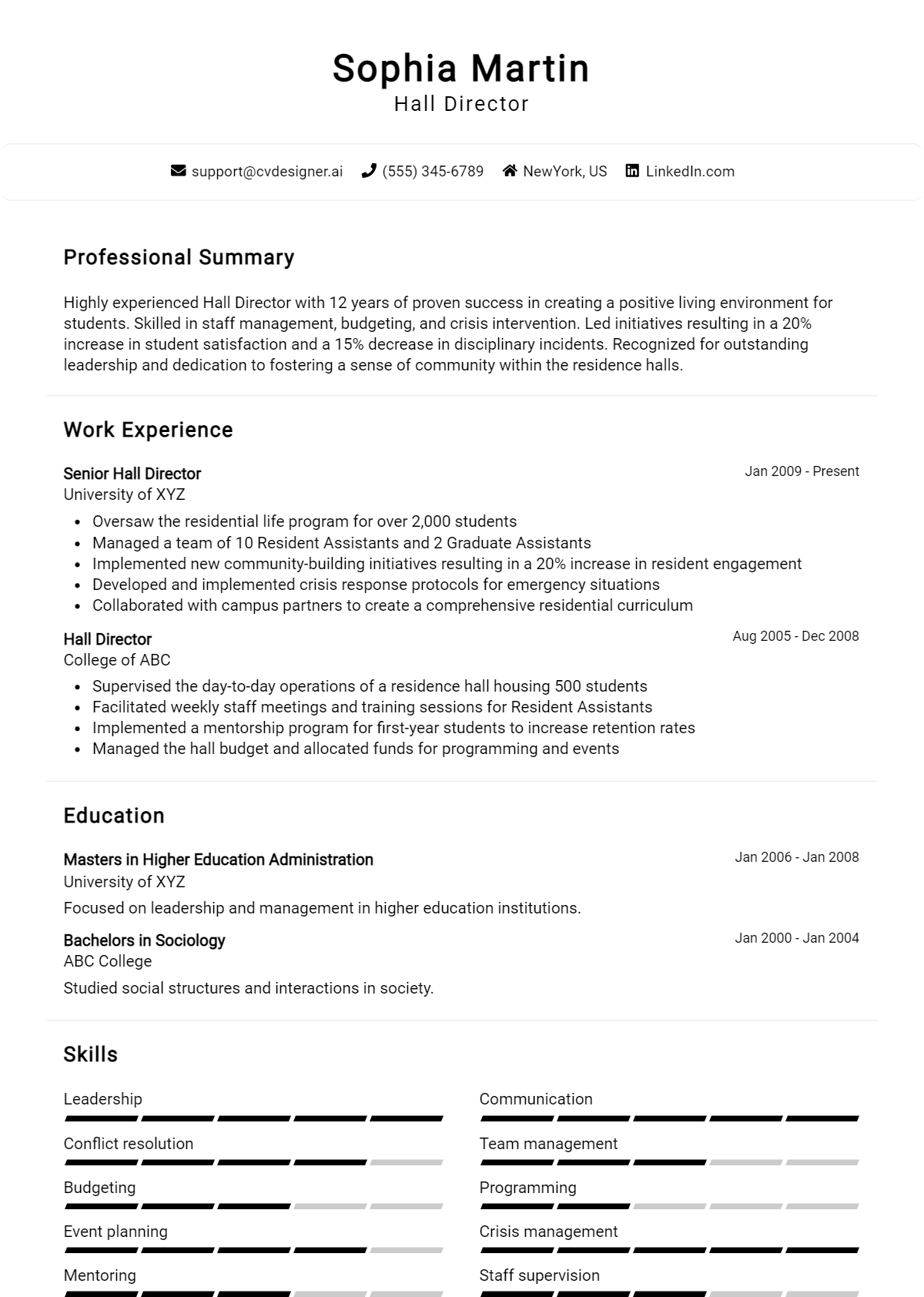 Hall Director Resume Example