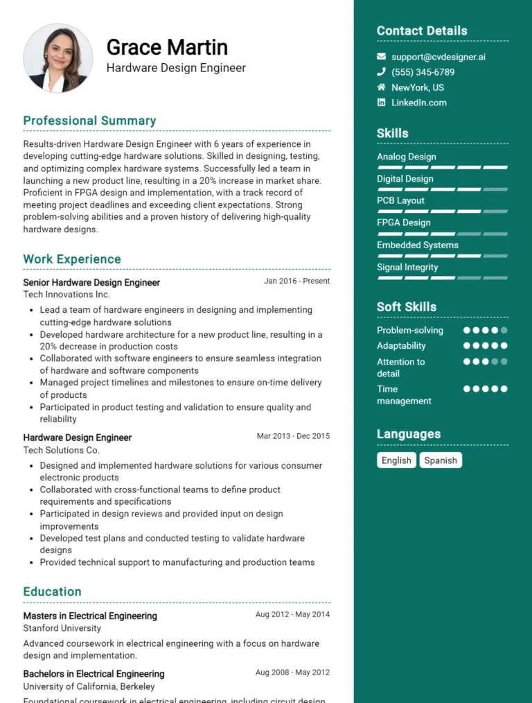 Hardware Design Engineer CV Example For 2025: Best Writing Guide