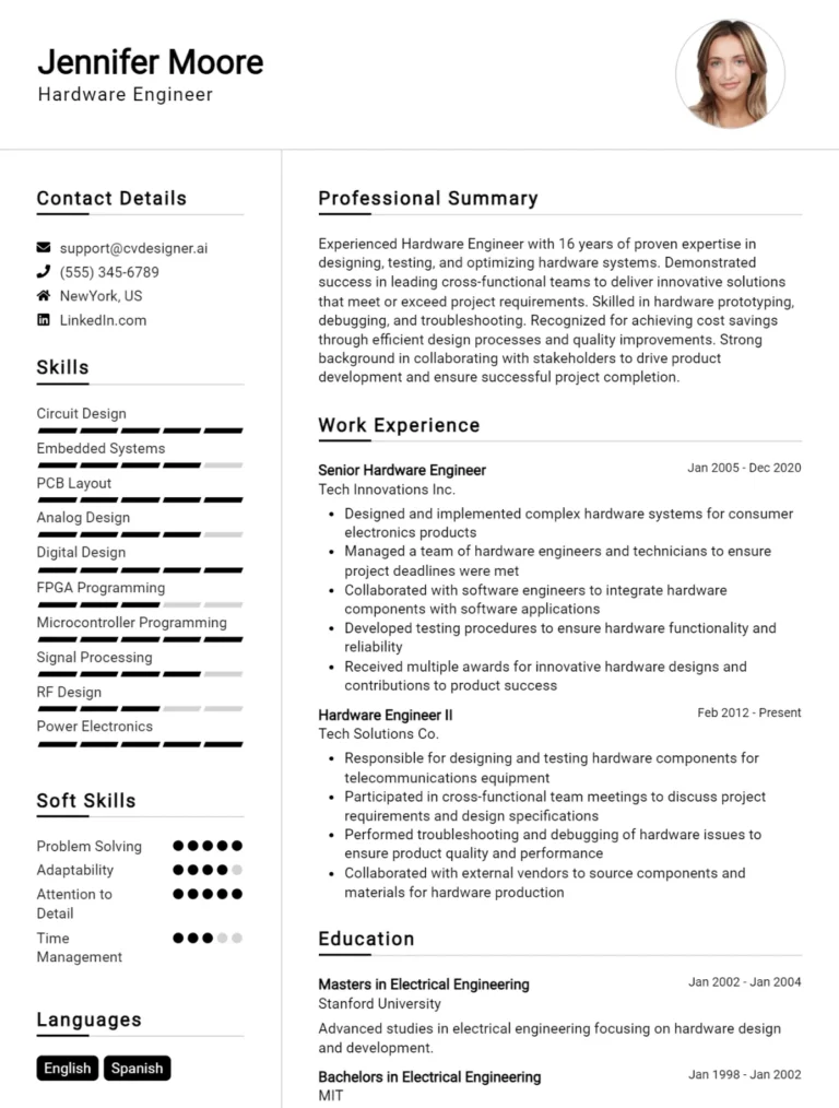 Hardware Engineer CV Example For 2025: Expert Tips & Templates