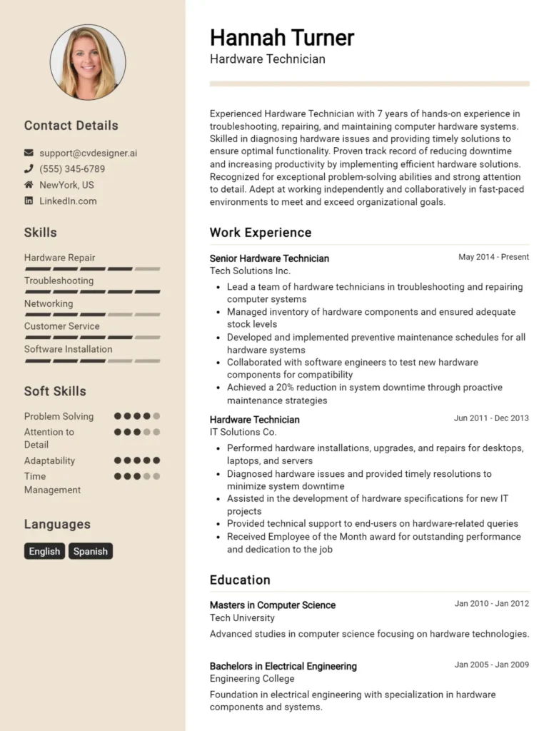 Hardware Technician CV Example