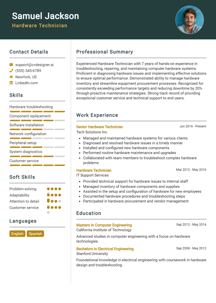 Hardware Technician Resume Example for 2024: Best Writing Guide ...