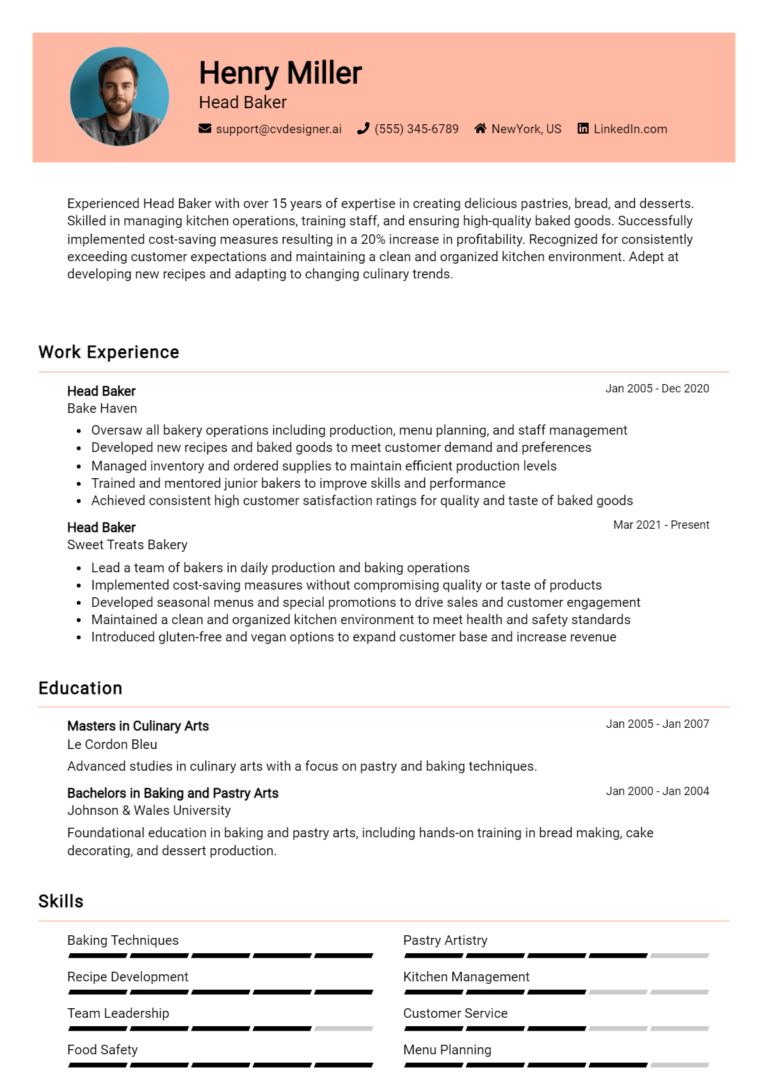 Head Baker Resume Example for 2025: Tips to Stand Out