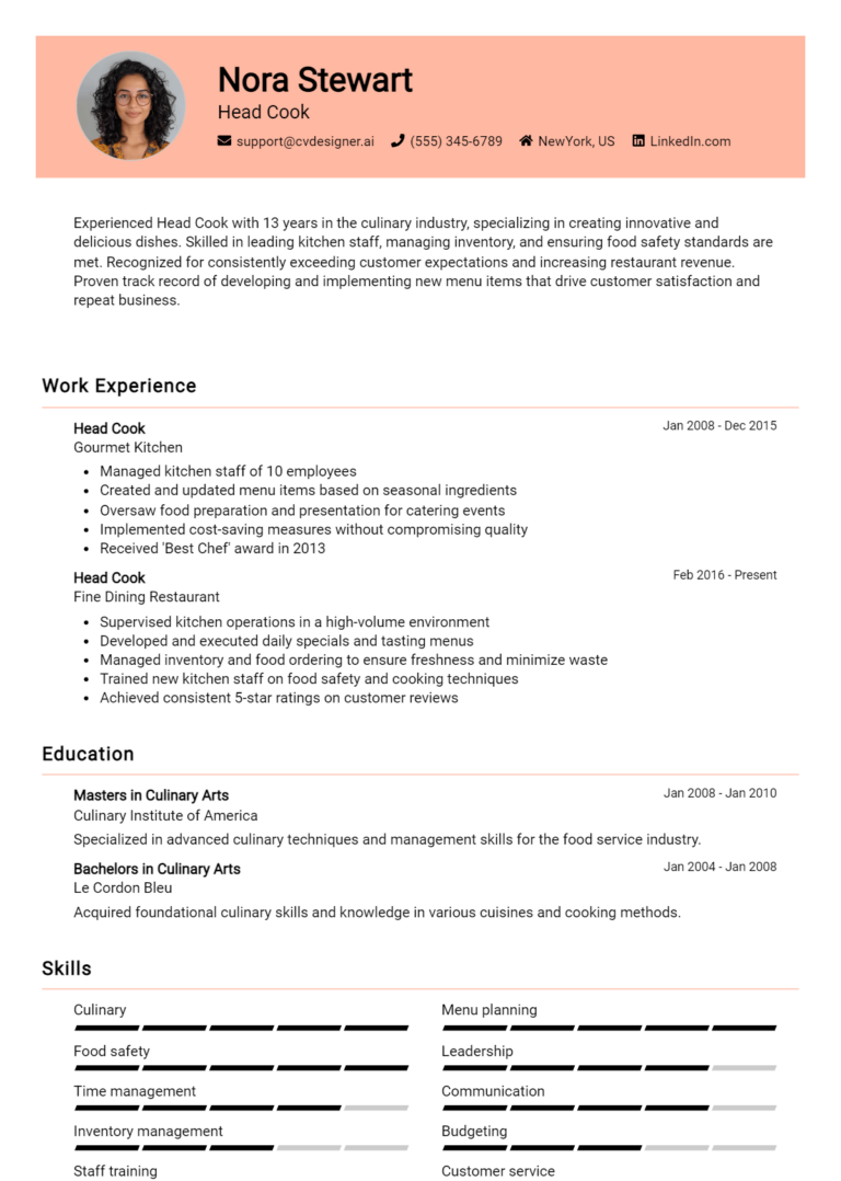 Head Cook Resume Example for 2025: How to Create a Professional CV