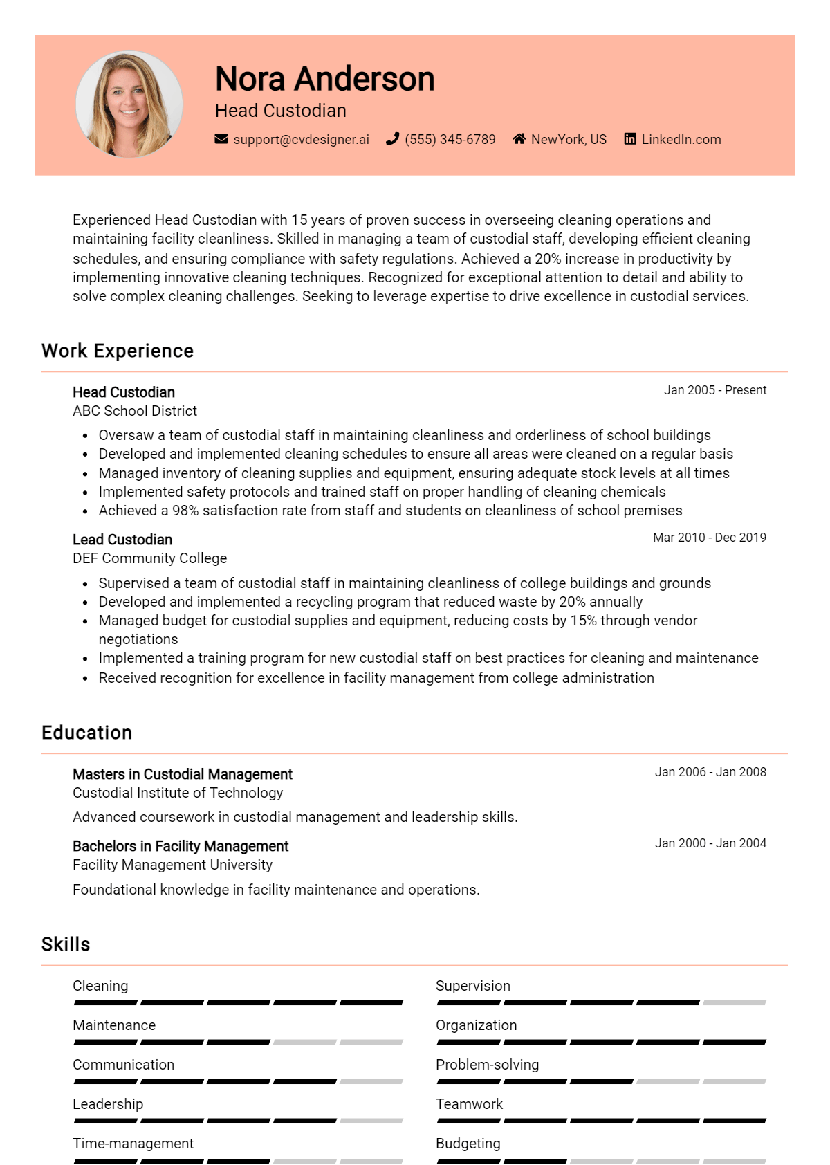 Head Custodian Resume Example