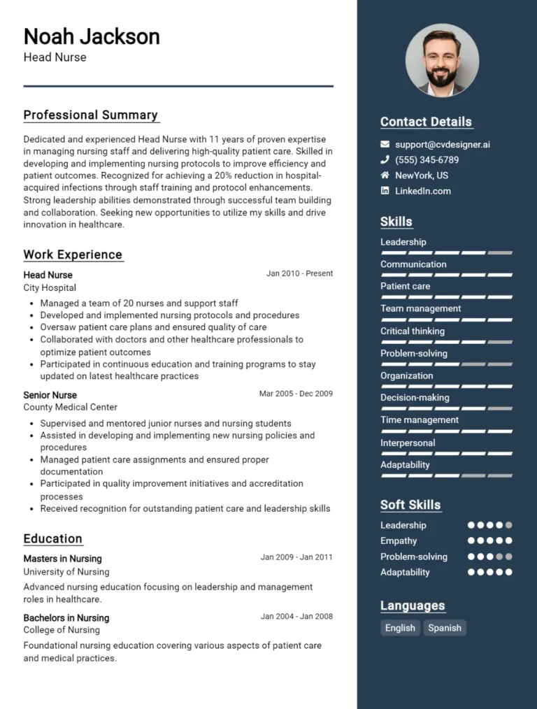 22 Head Nurse CV Examples For 2025: Tips to Stand Out