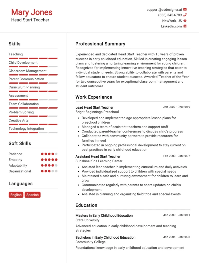 Head Start Teacher CV Example