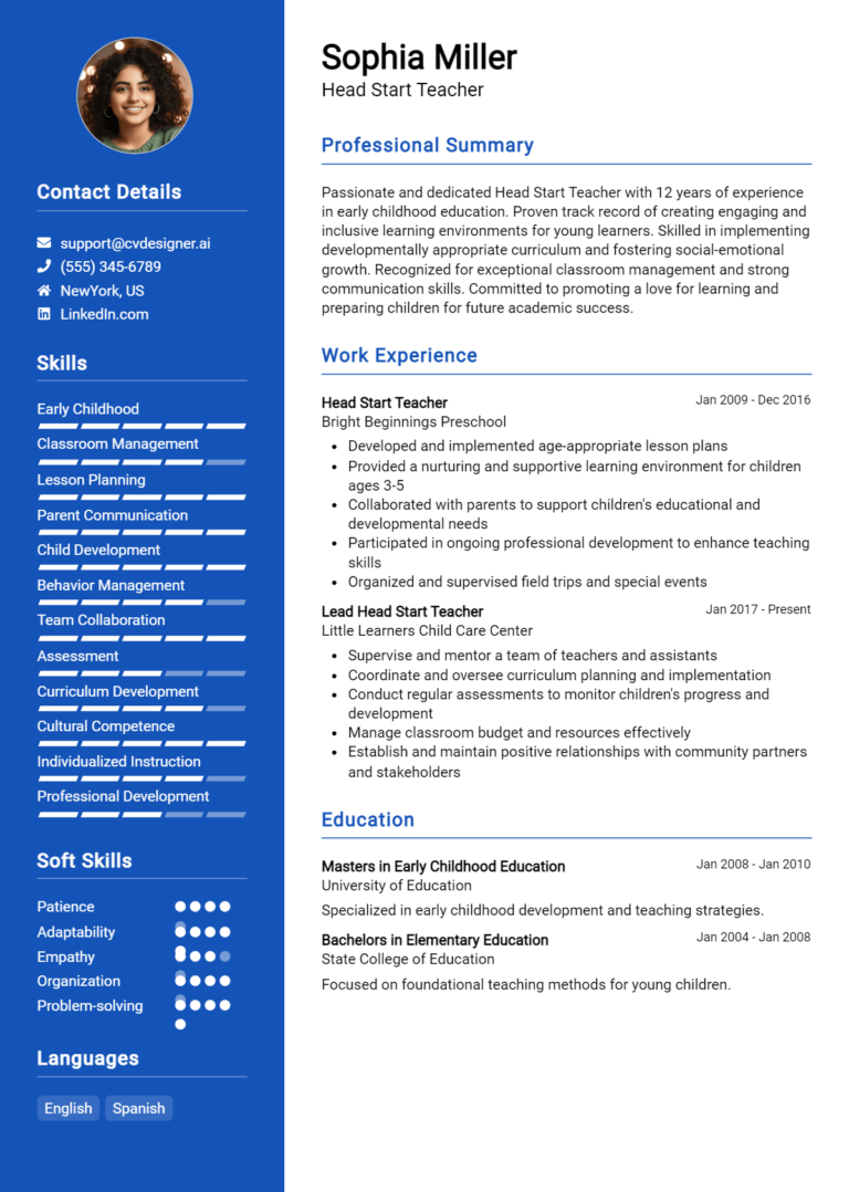 Head Start Teacher Resume Example for 2025: Best Writing Guide