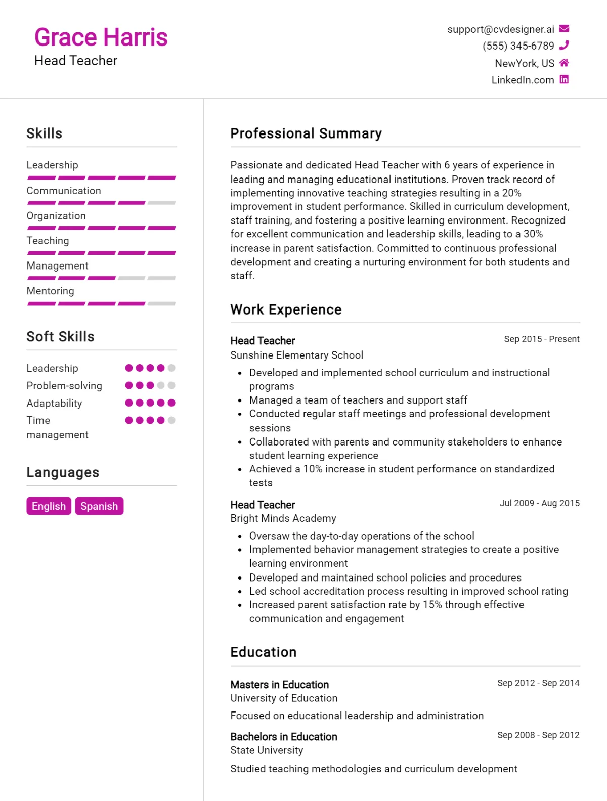 Head Teacher CV Example For 2024: Free Professional Templates ...