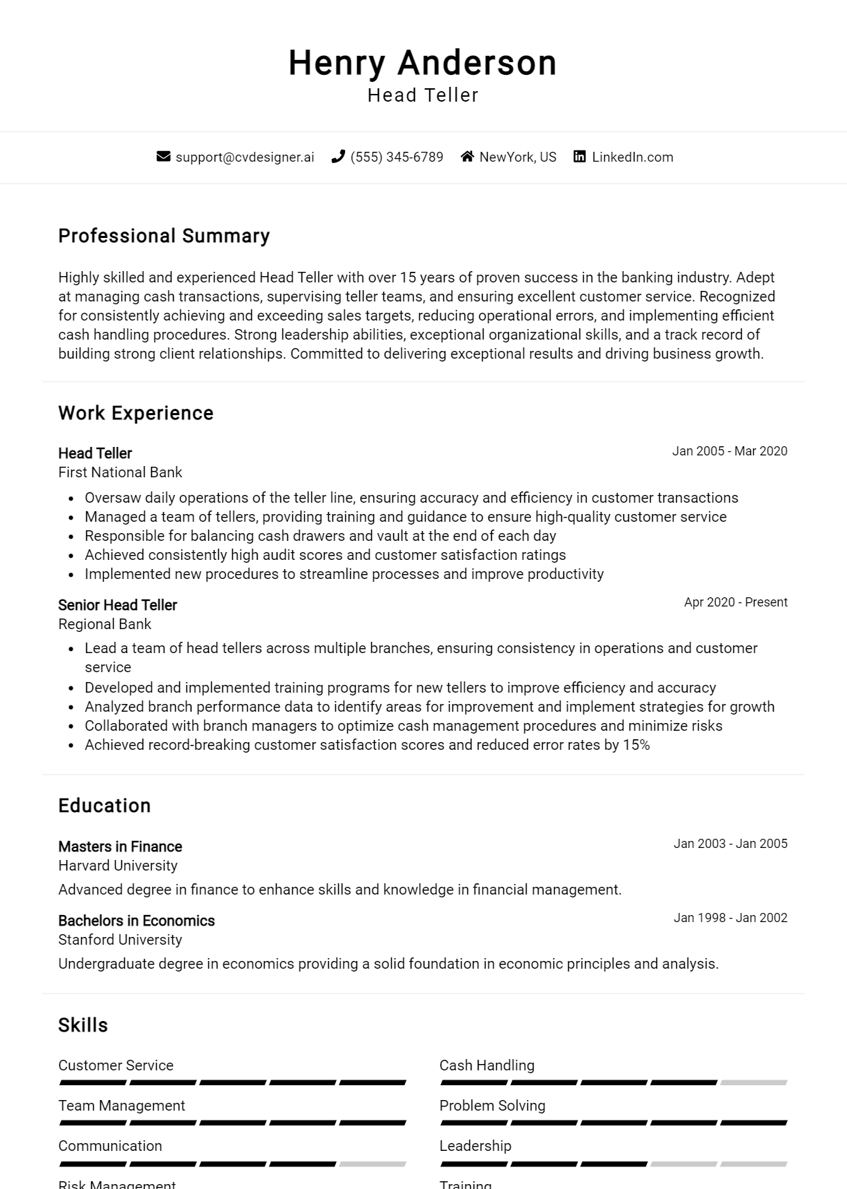 Head Teller Resume Example