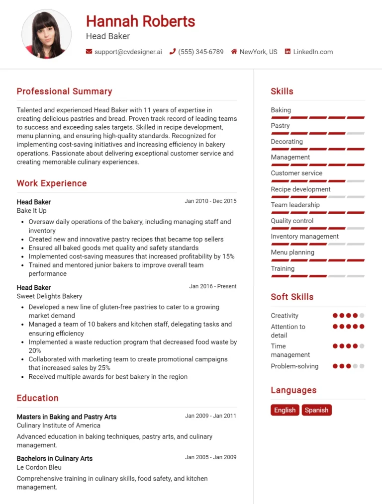 Head Baker CV Example For 2025: Best Writing Guide