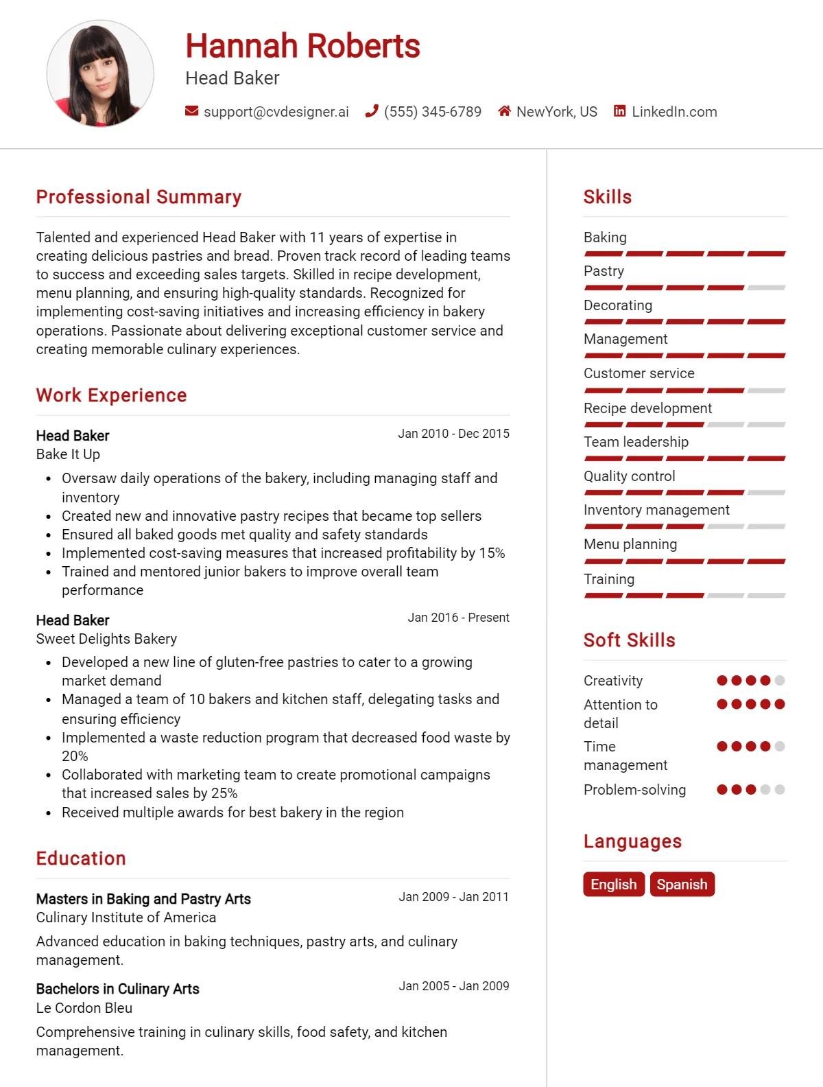 Head Baker CV Example For 2024: Best Writing Guide - CVDesigner.ai