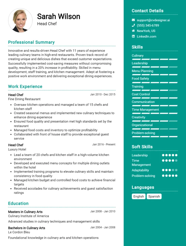 Head Chef CV Example For 2025: Effective CV Writing Tips
