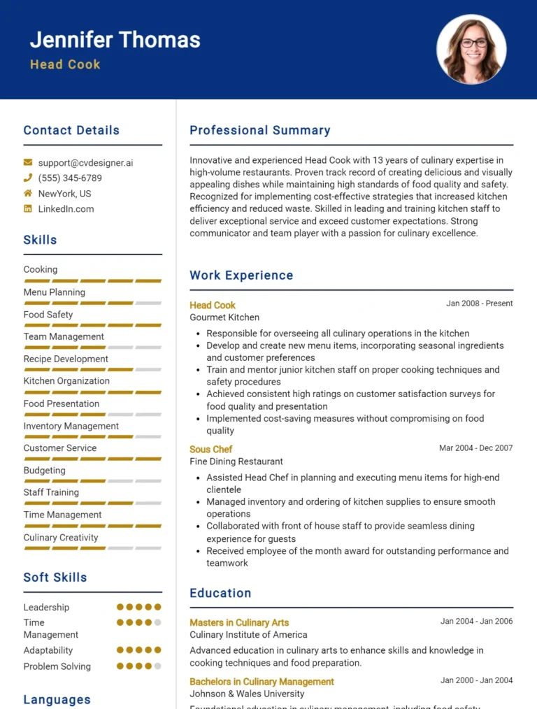 Head Cook CV Example For 2025: Professional CV Templates
