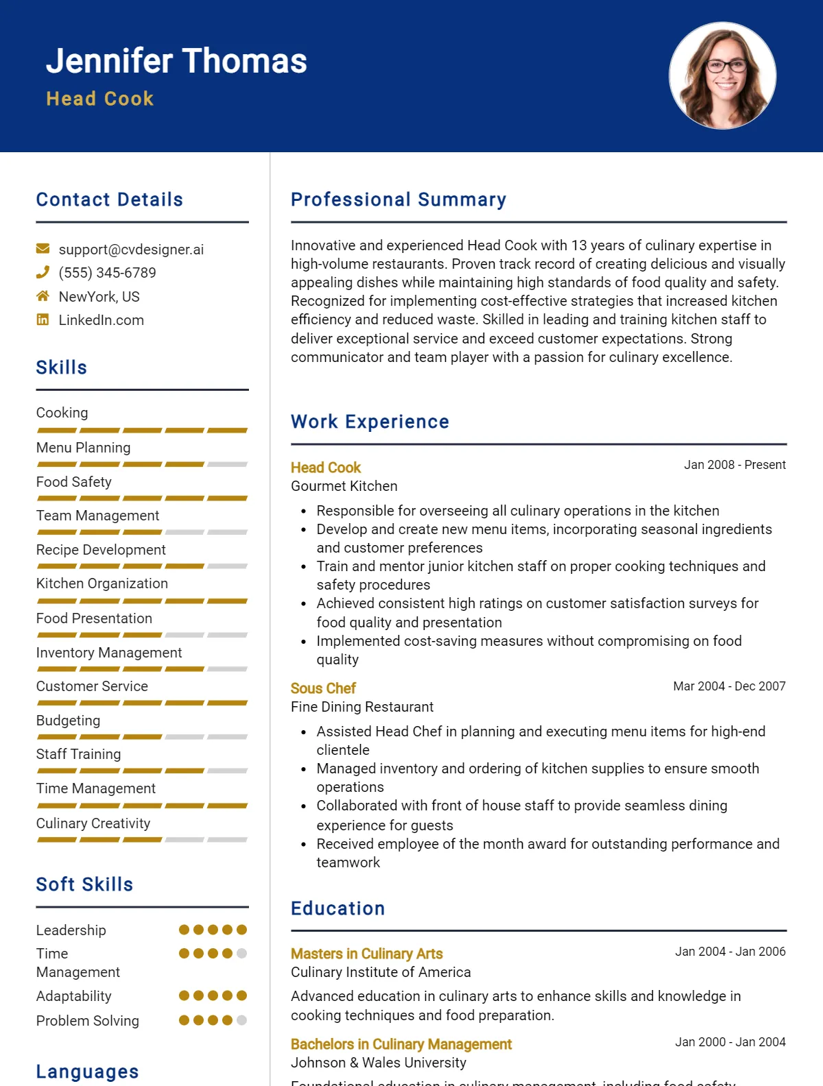 Head Cook CV Example