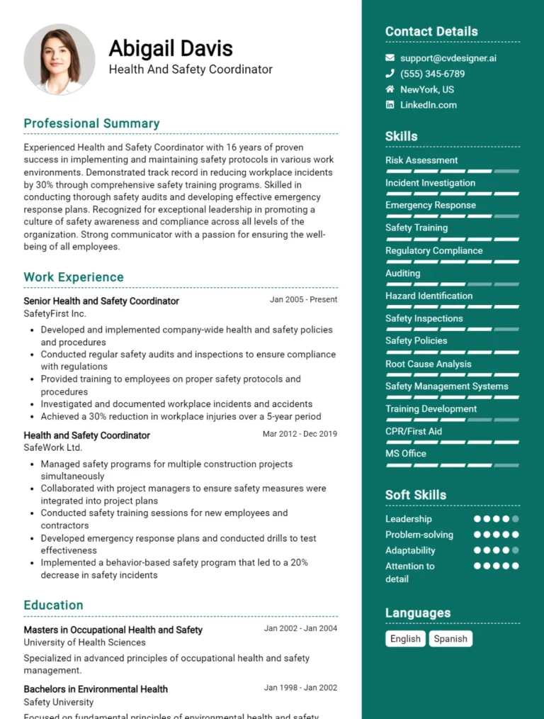 Health And Safety Coordinator CV Example For 2025: Effective CV Writing Tips