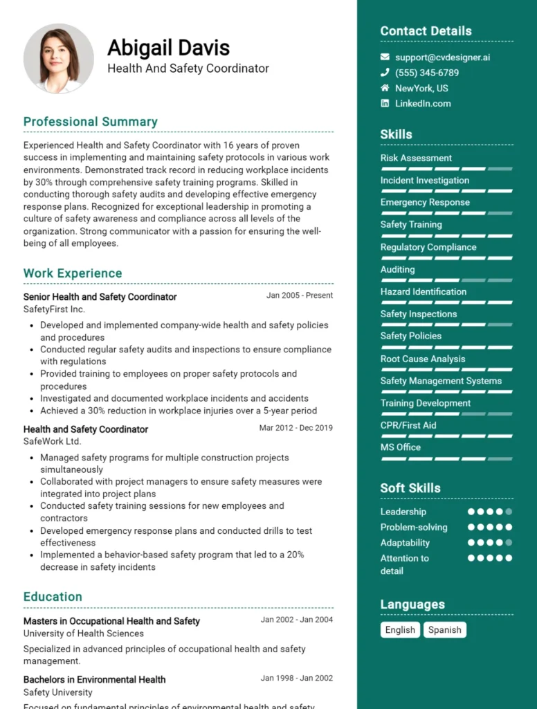 Health And Safety Coordinator CV Example