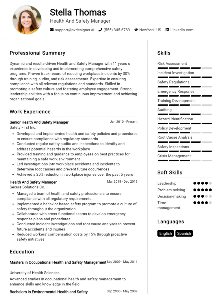 Health And Safety Manager CV Example For 2025: Samples & Best Practices
