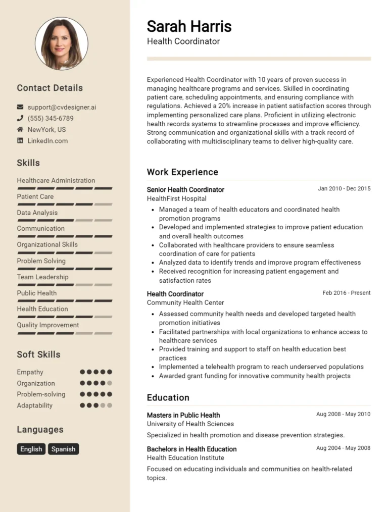 Health Coordinator CV Example For 2025: Professional CV Templates