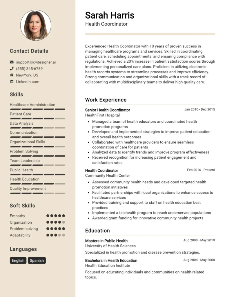 Health Coordinator CV Example