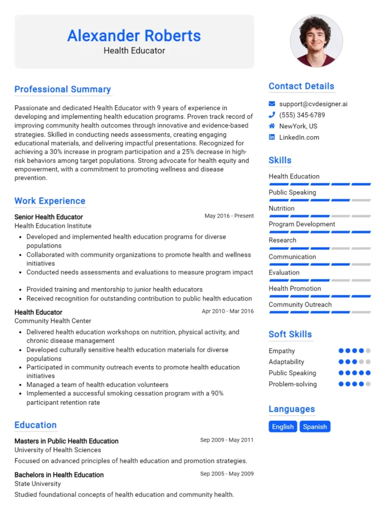 Health Educator CV Example For 2025: Ultimate Guide