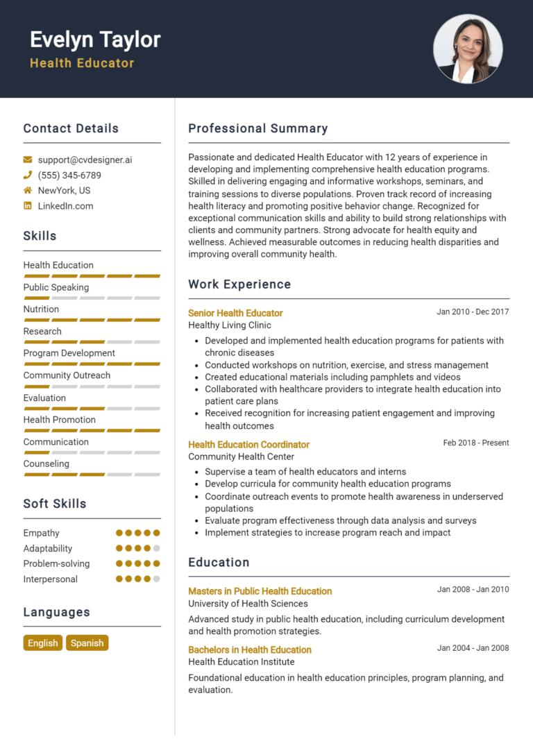 Health Educator Resume Example for 2025: Free Professional Templates