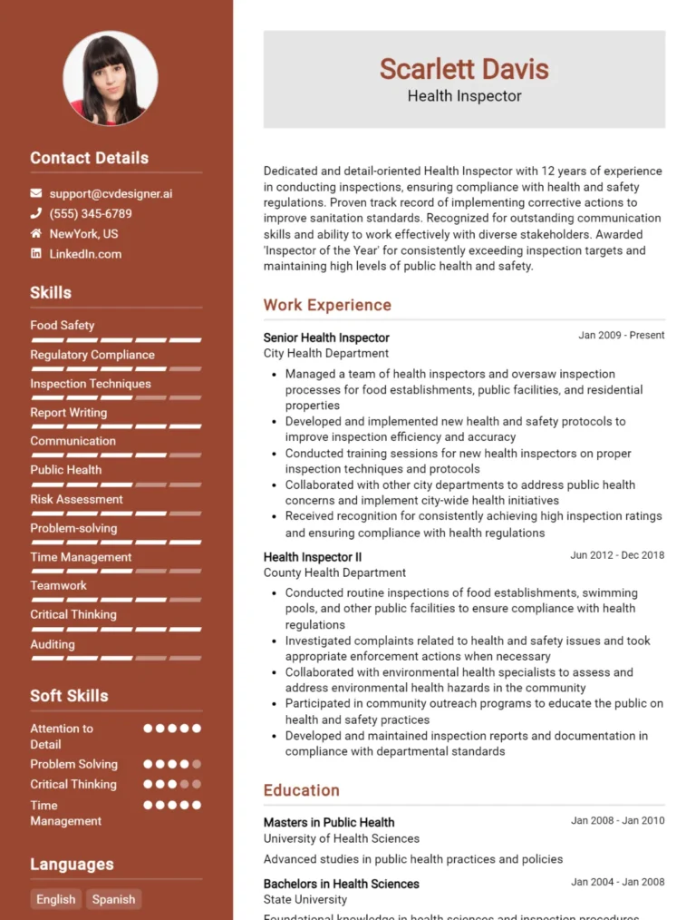 Health Inspector CV Example For 2025: Best Writing Guide
